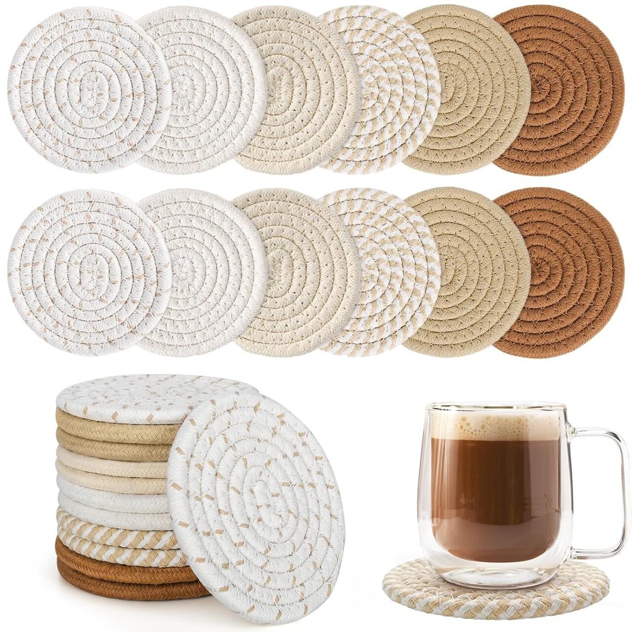 12 Pcs Boho Drink Coasters,Minimalist Cotton Handmade Woven Absorbent Drink Coasters,Heat Resistant Cotton Coasters for Coffee Table, Kitchen, Home Decoration
